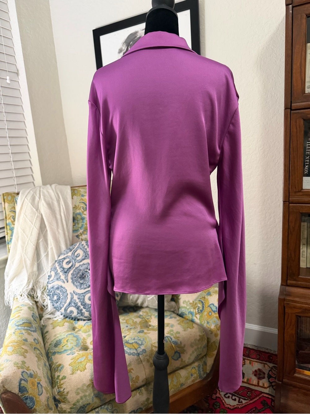 SIMKHAI Paradisa Purple Satin Wrap Top Size 6 Split Statement Sleeves - Picture 4 of 7